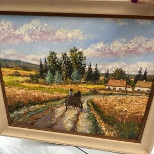 Rustic Landscape Painting with Wooden Frame